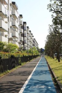 Sidewalk for pedestrians and cyclists in residential area in Makuhari