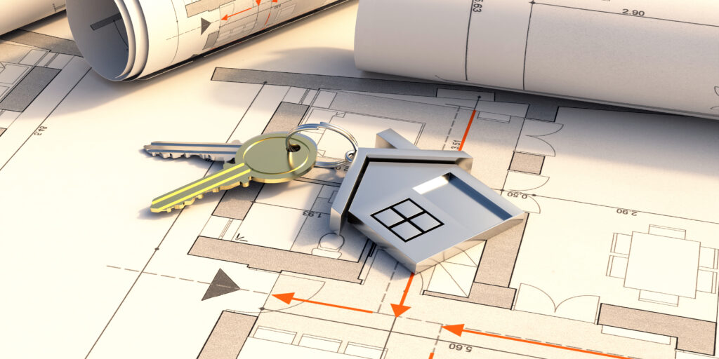 House keys and construction blueprint plans, Residential development project. 3d illustration